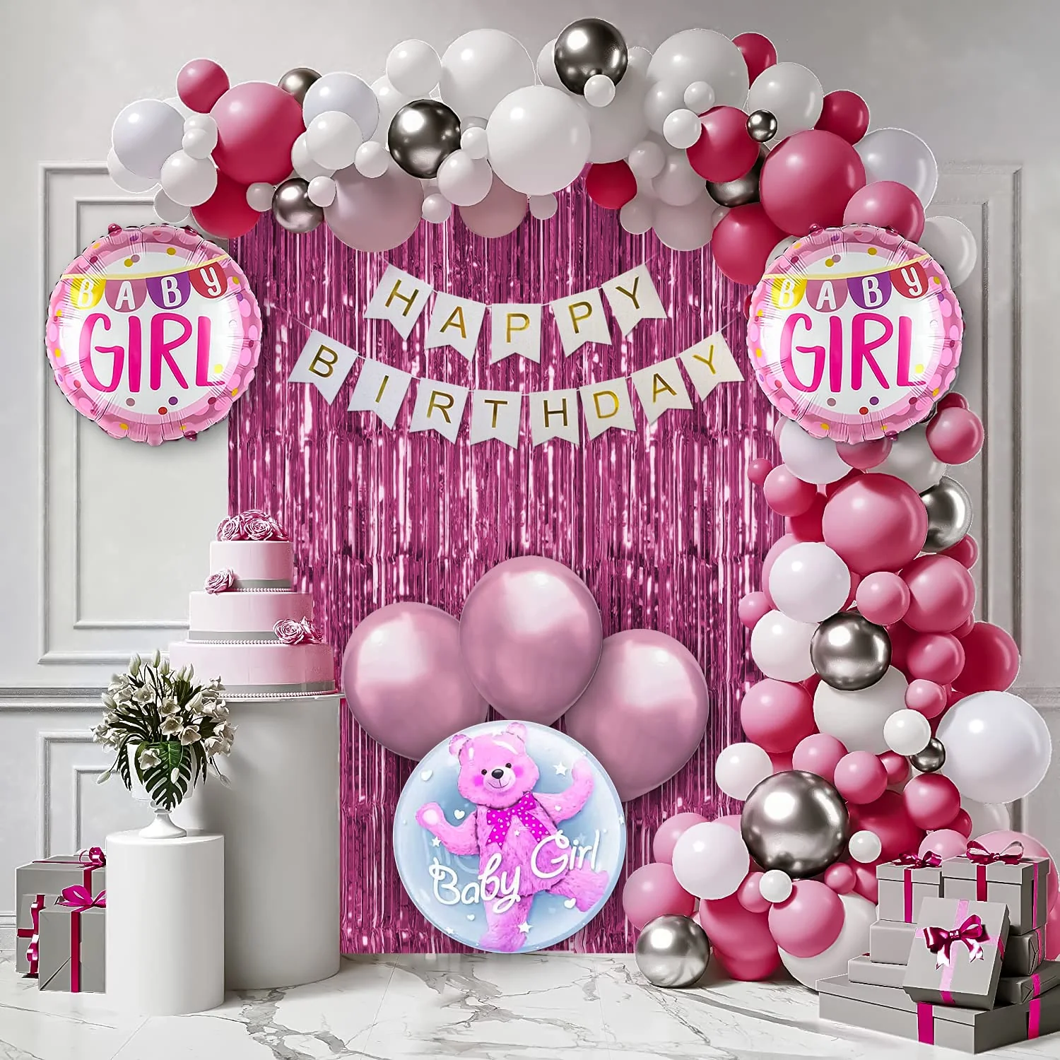 Baby Girl Pink and White Birthday Decor